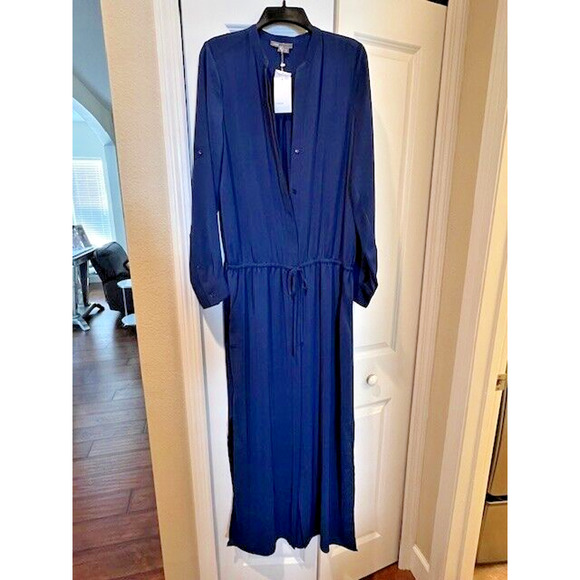 New VINCE Womens Medium M Long Blue Maxi Dress Long Sleeve V-Neck Retail $425 - Picture 4 of 12